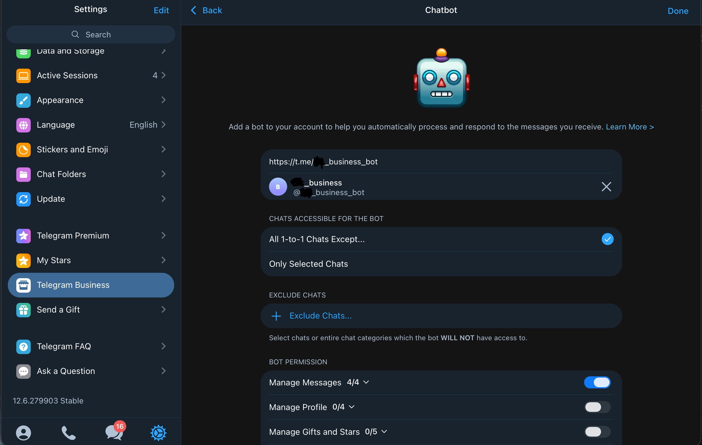 Telegram Chatbot configuration screen showing the bot URL field and per-chat permissions