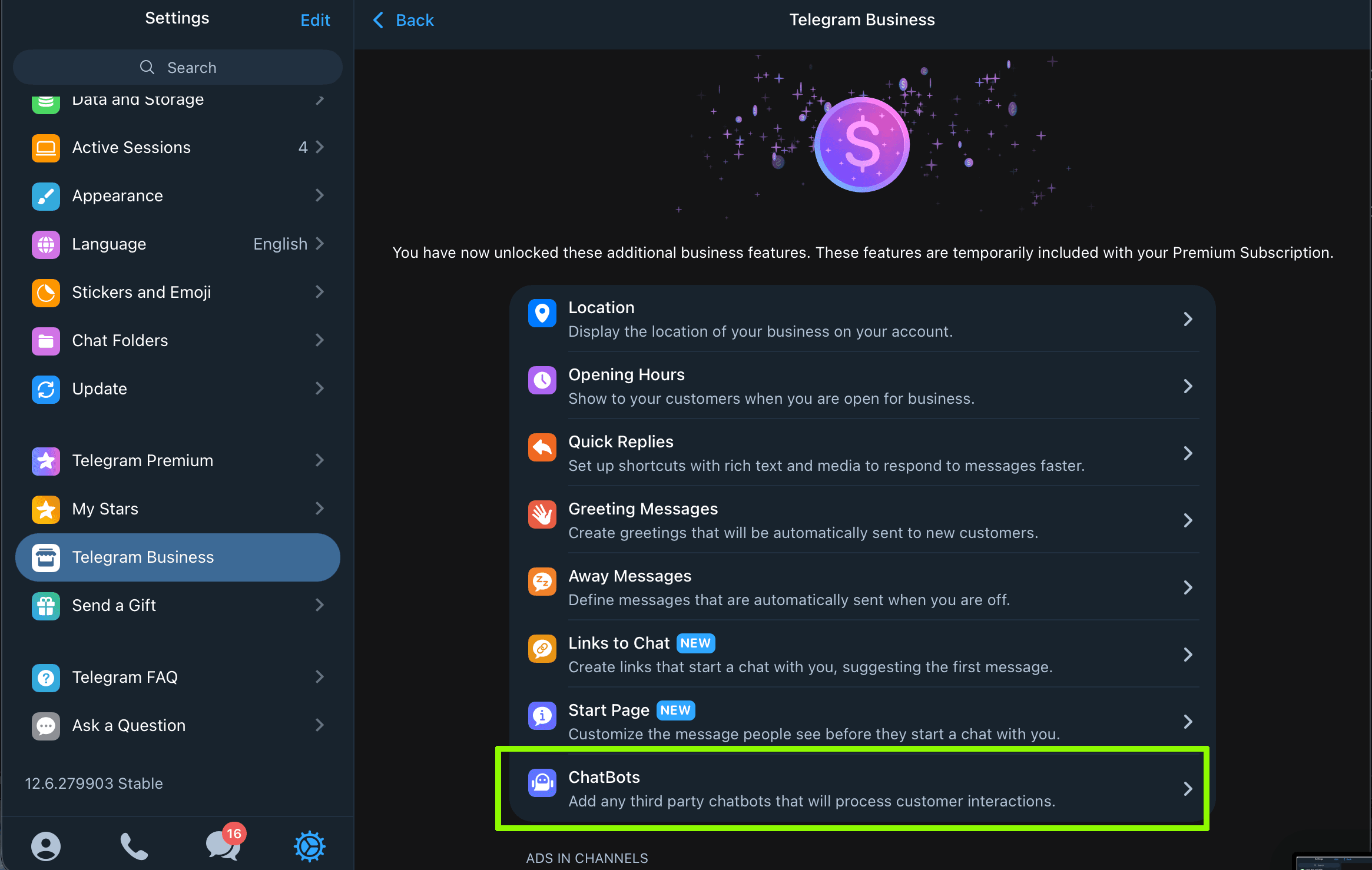 Telegram Business settings screen with the ChatBots row highlighted