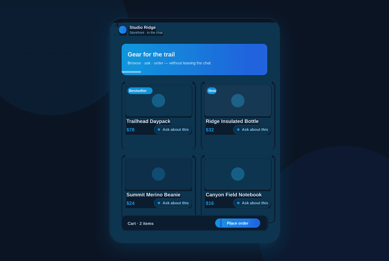 An in-bot storefront open inside a chat app: a branded header for a shop called Studio Ridge, a themed banner reading 'Gear for the trail', a grid of product cards with names, prices, and an 'Ask about this' button on each, and a cart bar at the bottom with a 'Place order' button.