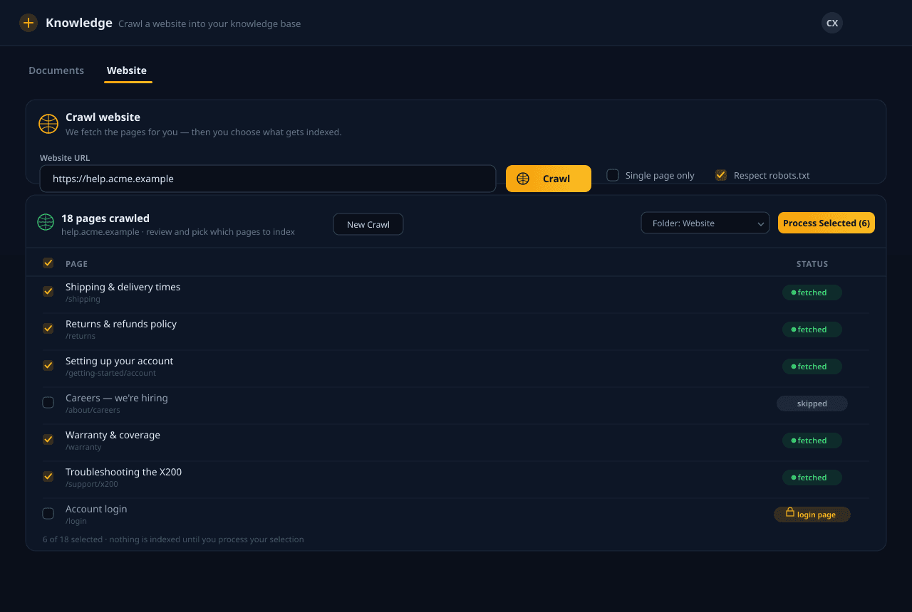 The website-crawl review screen: a target URL, the crawled pages listed with checkboxes and status, and a Process Selected control — review every page before it is added to the knowledge base.